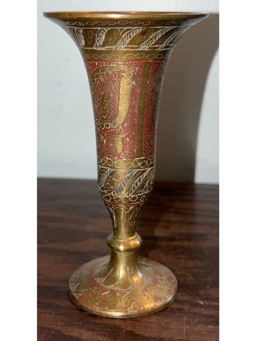 Vintage Etched Brass Bud Vase Red/White Floral Detailing 5" Tall Antique Decor